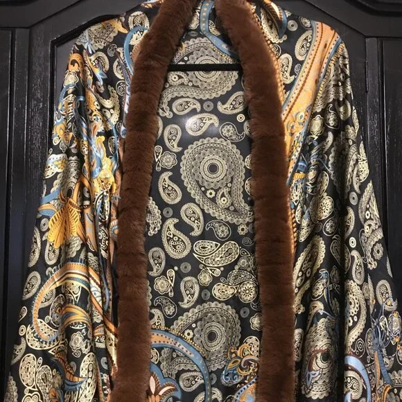 La Fiorentina brown blue Paisley rabbit fur scarf shawl poncho Made in Itlay - Picture 2 of 7